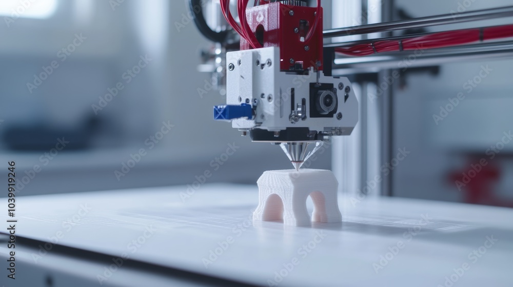 Aufkleber a high-definition 3d printer with a partially completed model, clean workspace with minimalistic set
