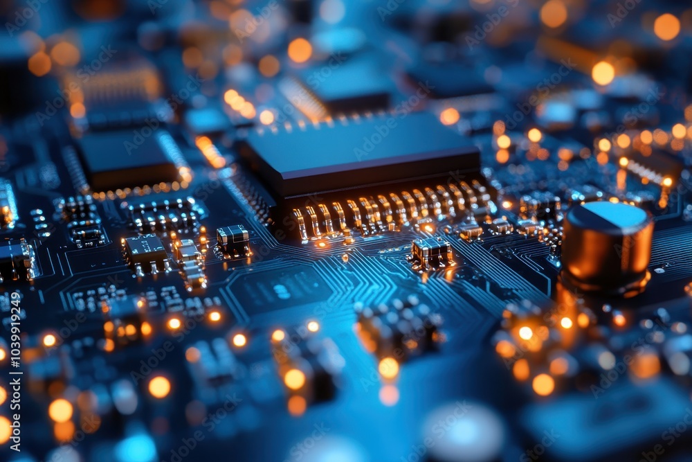 Poster a close-up view of a circuit board with glowing components and intricate pathways at night