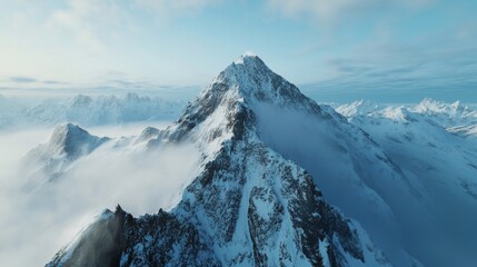 A high-altitude mountain peak covered in snow and mist, Alpine style, photo of