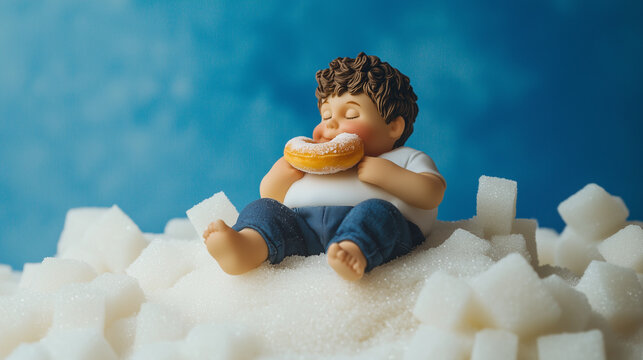 a figurine doll of obesity overweight fat blond hair woman eating chocolate chip cookie on pile of medicines pills.