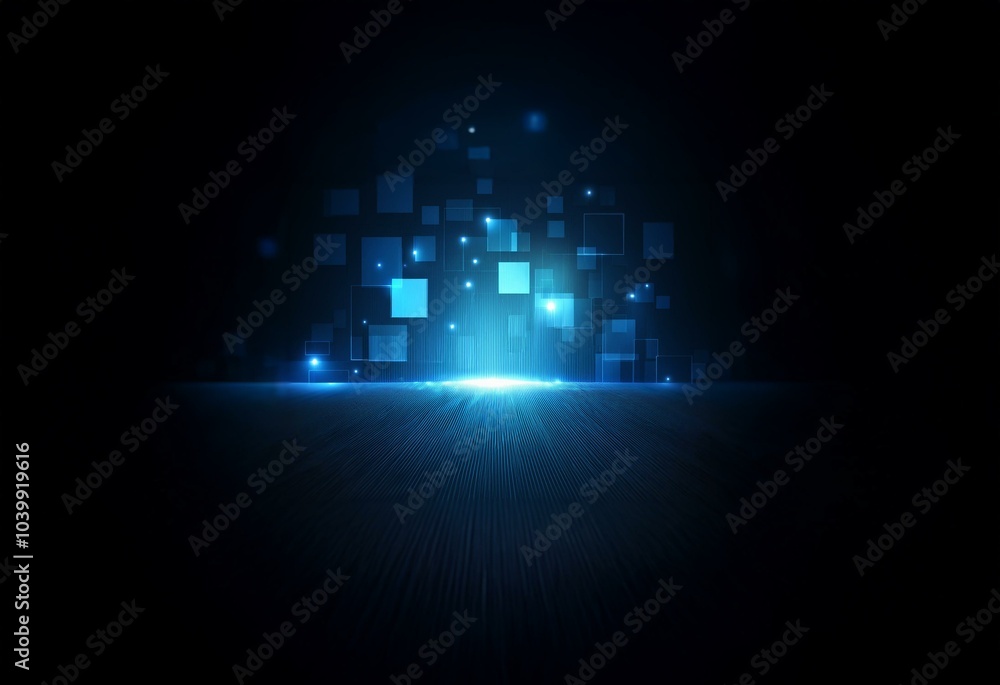 Poster abstract digital background with glowing blue squares and lines on a black background.