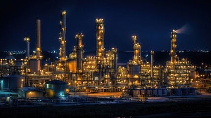 Fototapeta premium Nighttime Industrial Complex with Bright Lights