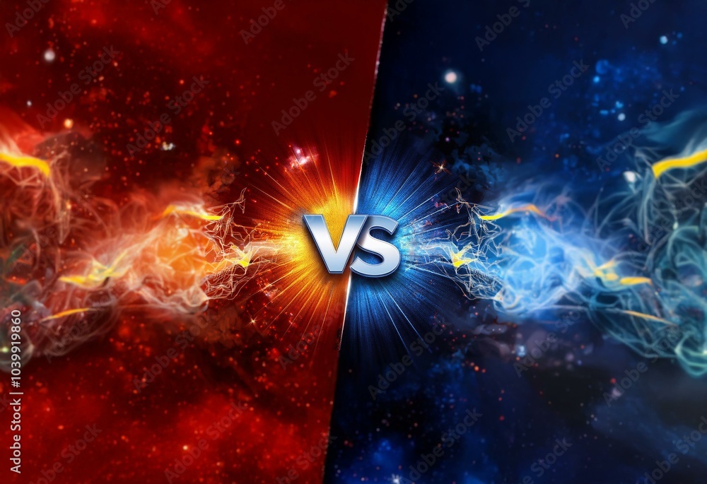 Poster a fiery red and cool blue abstract background with glowing particles and a large, silver 