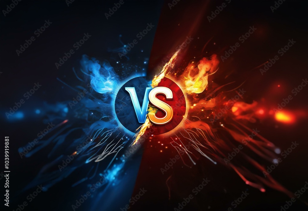 Poster abstract design of glowing blue and red energy with the letters vs in the center.