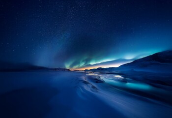 Fototapeta premium A frozen lake with a flowing stream beneath the glistening light of the aurora borealis under a dark, star-filled sky.