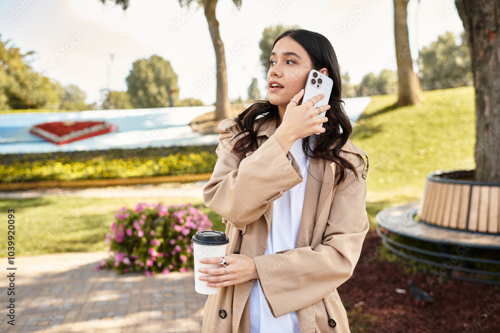 Wall mural in a vibrant park, a young woman in cozy autumn attire chats on her phone, holding a warm drink.