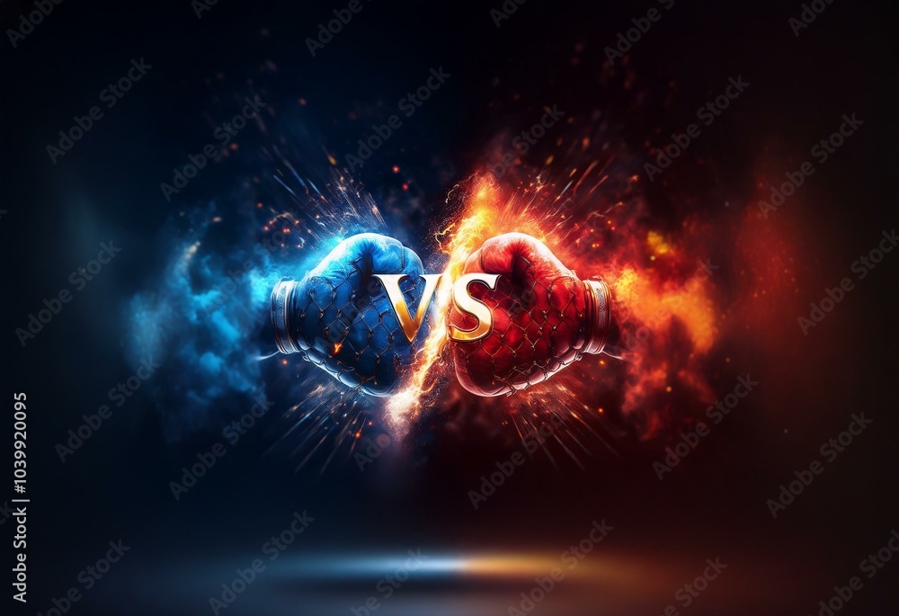 Poster two boxing gloves, one blue with smoke and one red with fire, face each other with a golden 