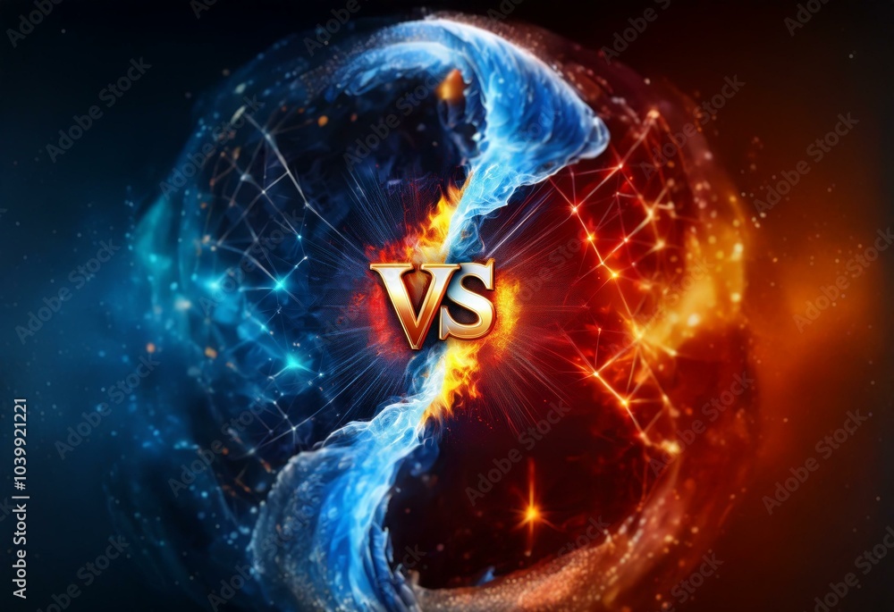 Poster abstract digital art depicting a sphere with blue and red glowing elements, with a golden versus sym