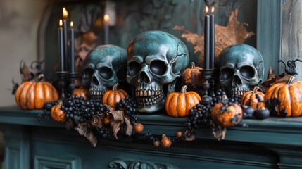 Halloween-themed decoration with skulls, pumpkins, and candles.