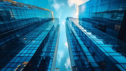 A low angle view of towering skyscrapers, showcasing the scale and ambition of modern architecture. The glass facades reflect the blue sky, symbolizing growth, innovation, and a sense of progress.