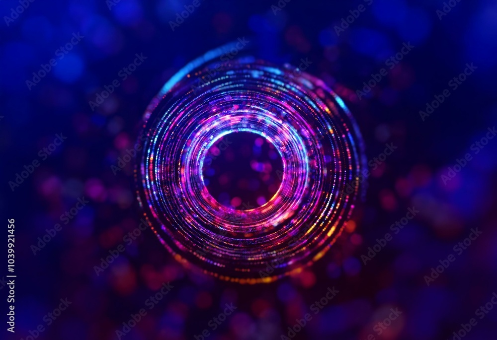 Poster a swirling ring of colorful lights against a blurred background of bokeh circles.