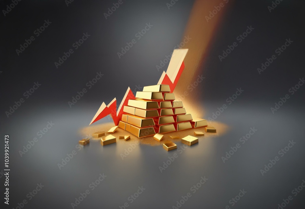 Poster Gold bars stacked in a pyramid shape with a red arrow pointing up.  The arrow is on a grey background with a light shining behind the bars.
