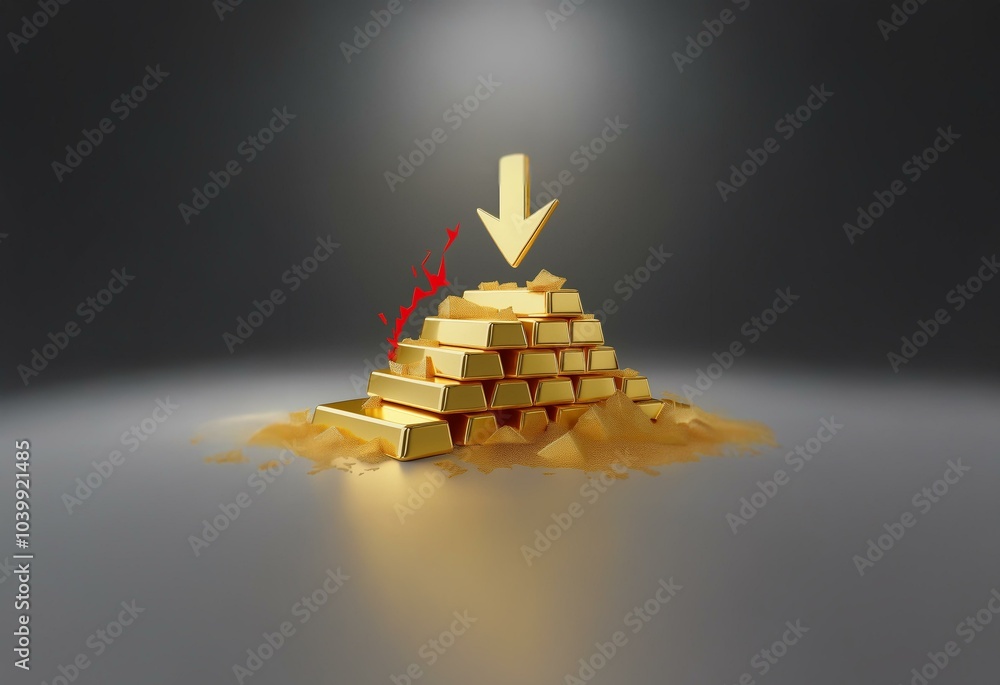 Poster a golden arrow points down towards a pyramid of gold bars which is collapsing into a pile of gold du
