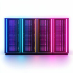 Fototapeta premium A glowing, modern server rack illuminated in vibrant colors, showcasing a high-tech, futuristic design with multiple compartments.