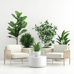 Fototapeta premium A modern living space featuring two stylish chairs, a round table, and lush greenery, creating a fresh and inviting atmosphere.