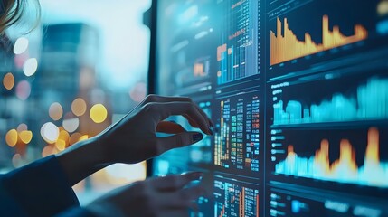 Business Team Collaborating on Data Analytics and Visualizations on Large Screen