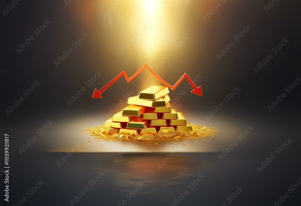 Poster gold bars are stacked in a pyramid shape, illuminated from above, with a red arrow pointing downward