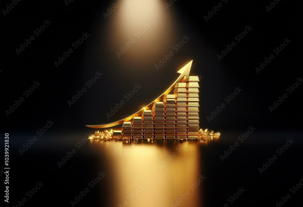 Poster golden arrow pointing upward over a stack of gold bars.