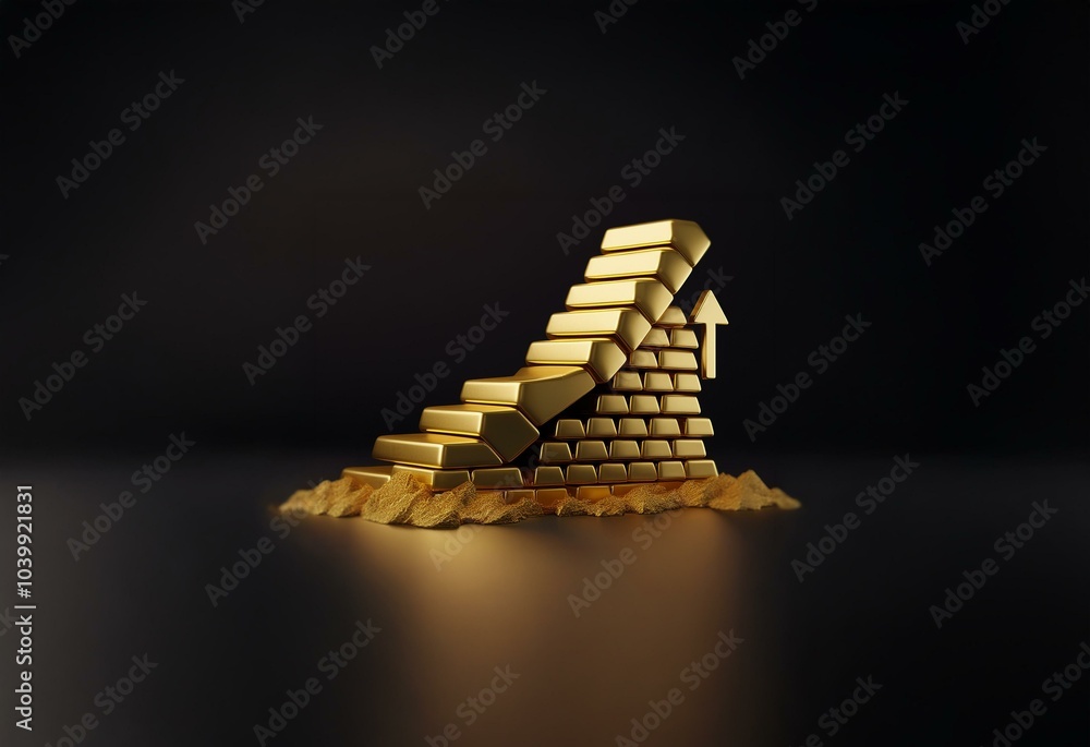 Poster a golden staircase of bars is positioned diagonally, ascending to the right, with a gold arrow point