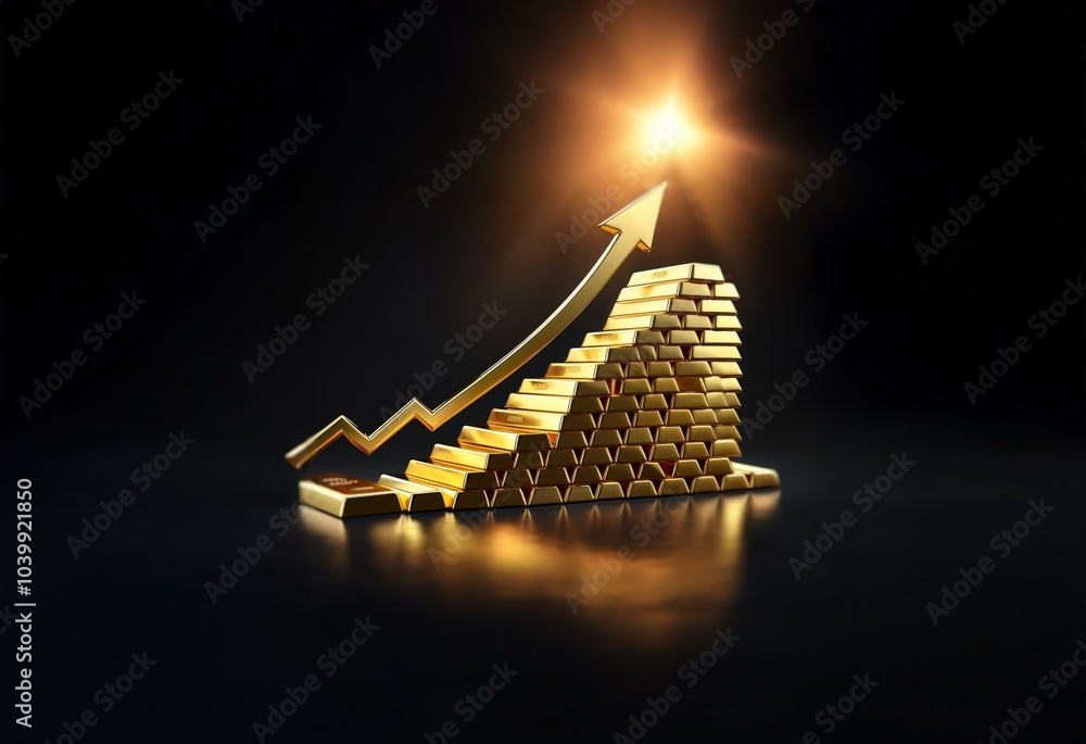 Poster A golden arrow points upward, forming a graph that rises from a stack of gold bars against a dark background.