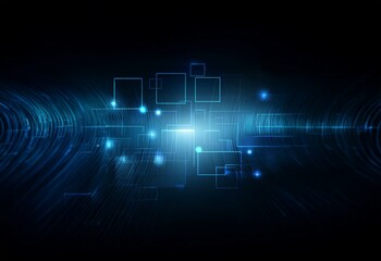Abstract blue lines and glowing squares against a dark background.