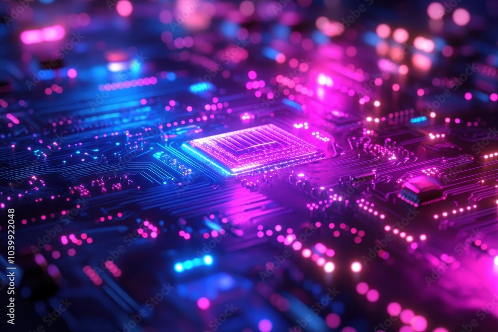 Poster colorful circuit board with vibrant lights and a central microchip in a modern technological setting