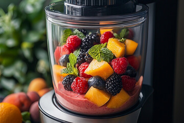 Fresh fruit blend preparation in a kitchen blender with mint garnish
