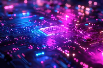 Obraz premium Colorful circuit board with vibrant lights and a central microchip in a modern technological setting