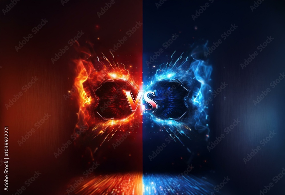 Poster Red and blue abstract energy clashes in the center of the image with a glowing VS in the middle.