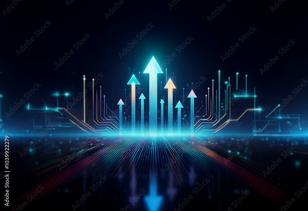 Poster abstract digital illustration of glowing blue and orange arrows pointing upwards and surrounded by l