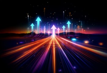 Obraz premium Glowing arrows point upward on a path of light streaks, symbolizing progress and growth.