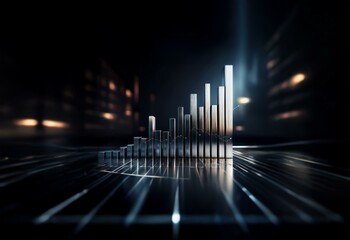 A metallic bar chart with a black background and blurred lights reflecting on a sleek surface.