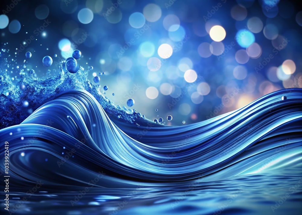 Poster detailed particle flowing wave design in rich cobalt and navy tones for modern tech backgrounds and 
