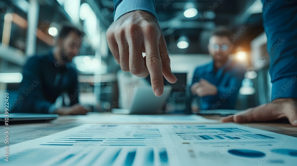 Poster collaborative business analysis:hands pointing to printed data on desk