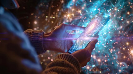 A person receiving a message on their phone with a brief flash of light to indicate the arrival of a neutrino message.