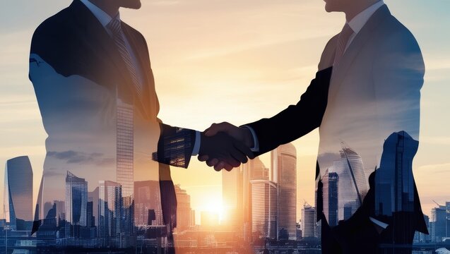 Two unrecognizable businessmen shaking hands in modern city. Concept of partnership and agreement. Toned image double exposure