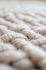 close-up shot of the plush texture on an organic wool carpet, highlighting its softness and warmth in neutral tones. 