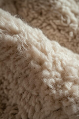 close-up shot of the plush texture on an organic wool carpet, highlighting its softness and warmth in neutral tones. 