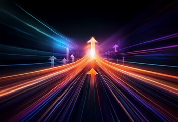 Abstract image of a glowing road with an arrow in the middle surrounded by many multicolored lights.