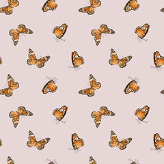 Watercolor orange Monarch butterflies with spots seamless pattern on pastel pink. Fall flying insects migrating before autumn simple repeat background. North American nature