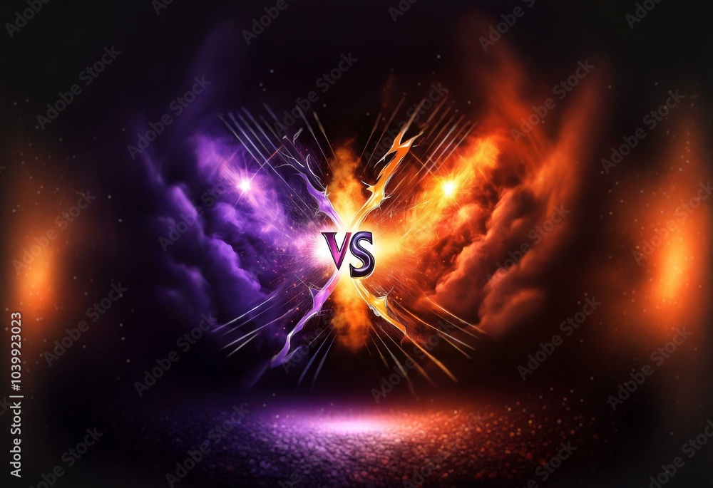 Poster abstract graphic with clashing colors and contrasting light, representing a duel or battle.