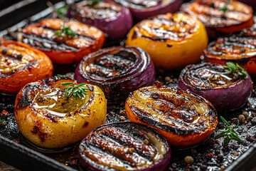 Grilled vegetables on a hot grill creating a colorful dish