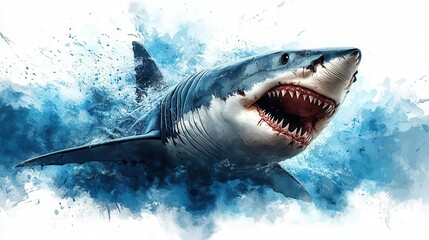 Naklejka premium dynamic logo featuring a fierce great white shark with sharp teeth set against a vibrant blue watercolor background evokes a sense of caution and respect for marine life