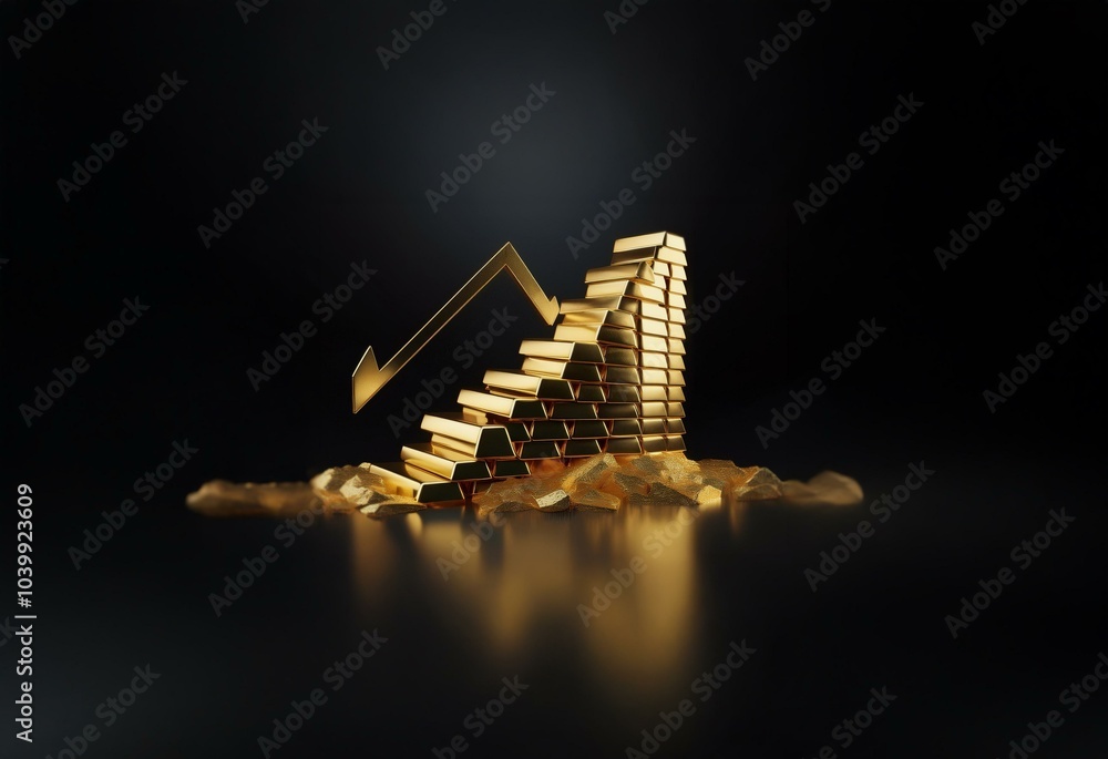 Poster a golden arrow points down against a dark background, with gold bars stacked into a rising staircase