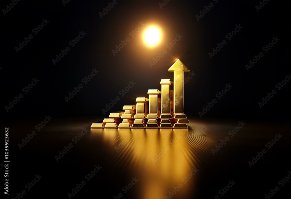Poster a golden bar graph with an arrow pointing up, illuminated by a bright light, stands out against a da