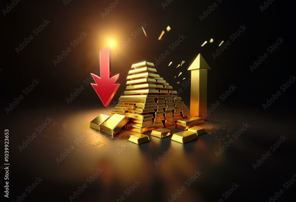 Fototapete A pyramid of gold bars is collapsing with a red arrow pointing down and a golden arrow pointing up.