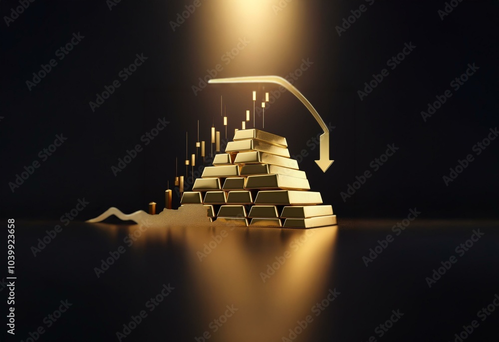 Aufkleber a pyramid of gold bars on a black background with a downward pointing arrow.