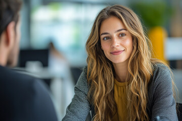 Obraz premium Young woman smiles during a conversation in a modern office setting