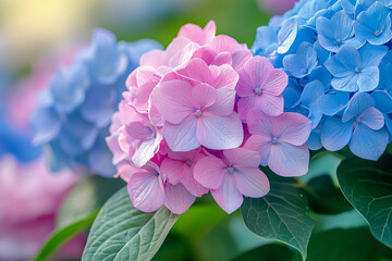 Delicate pink and blue hydrangea blooms in a serene garden setting