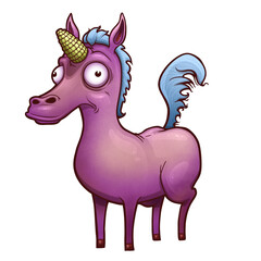 Funny Pink Unicorn with Yellow Corn Horn and Blue Hair, Humor Illustration, Isolated Transparent PNG, Large Format